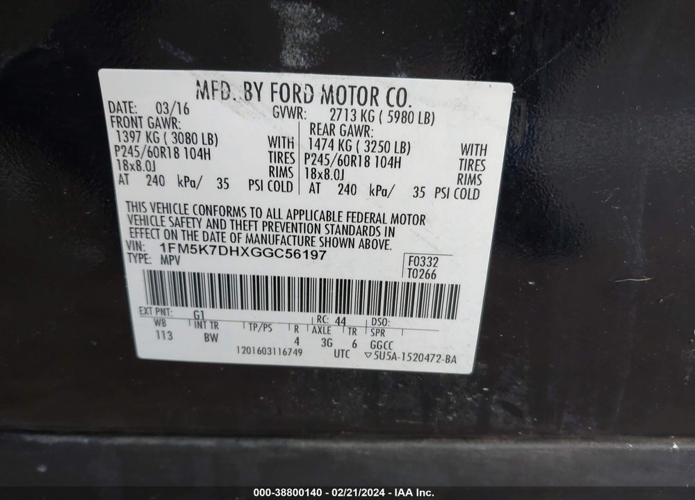 2016 FORD EXPLORER XLT VIN: 1FM5K7DHXGGC56197
