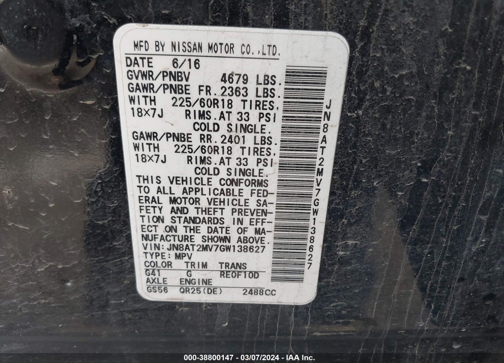 2016 NISSAN ROGUE SL VIN: JN8AT2MV7GW138627