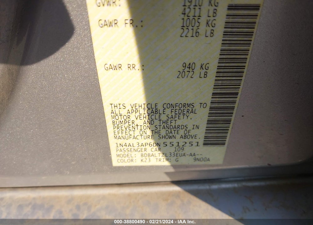 2013 NISSAN ALTIMA 2.5 SV VIN: 1N4AL3AP6DN551251