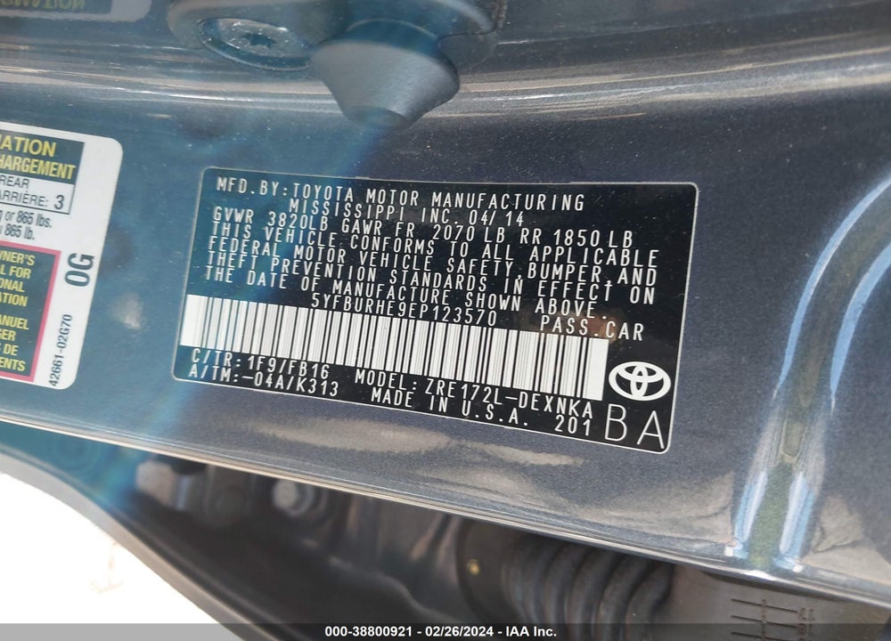 2014 TOYOTA COROLLA L/LE/LE PLUS/LE PREMIUM/S/S PLUS/S PREMIUM VIN: 5YFBURHE9EP123570