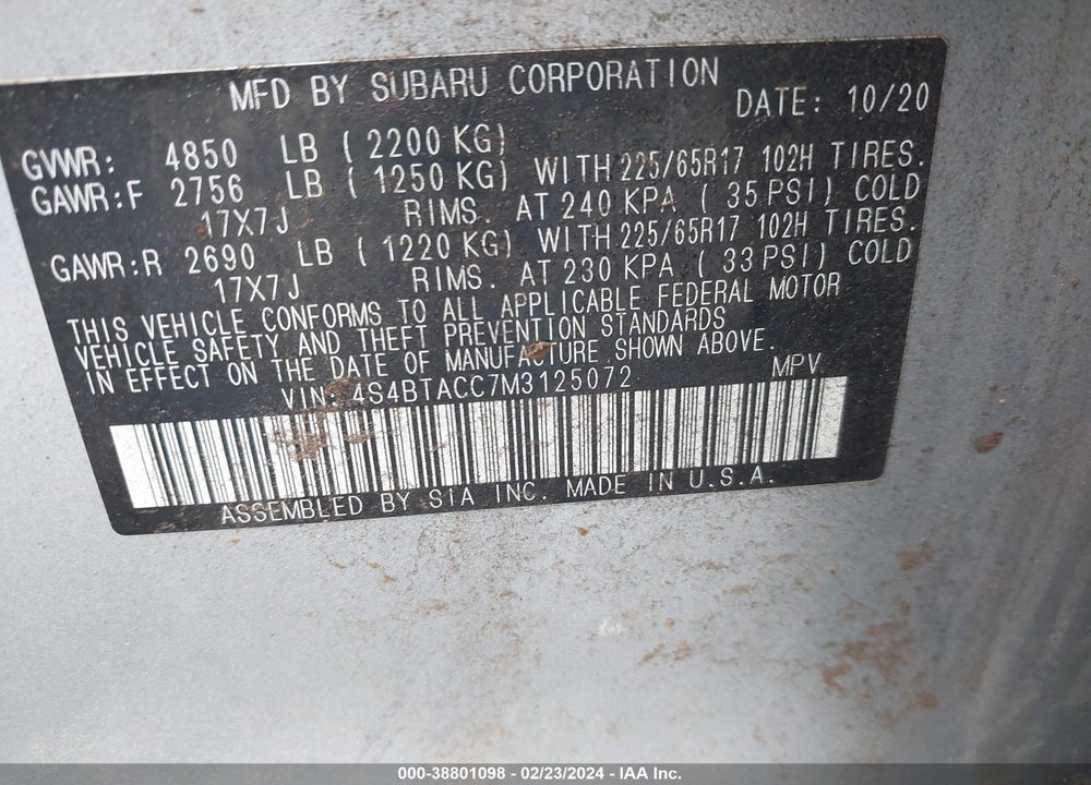 2021 SUBARU OUTBACK PREMIUM VIN: 4S4BTACC7M3125072