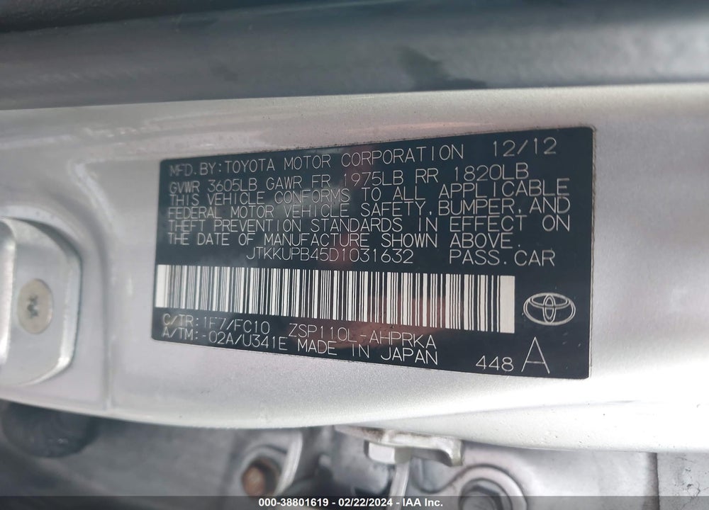 2013 SCION XD VIN: JTKKUPB45D1031632