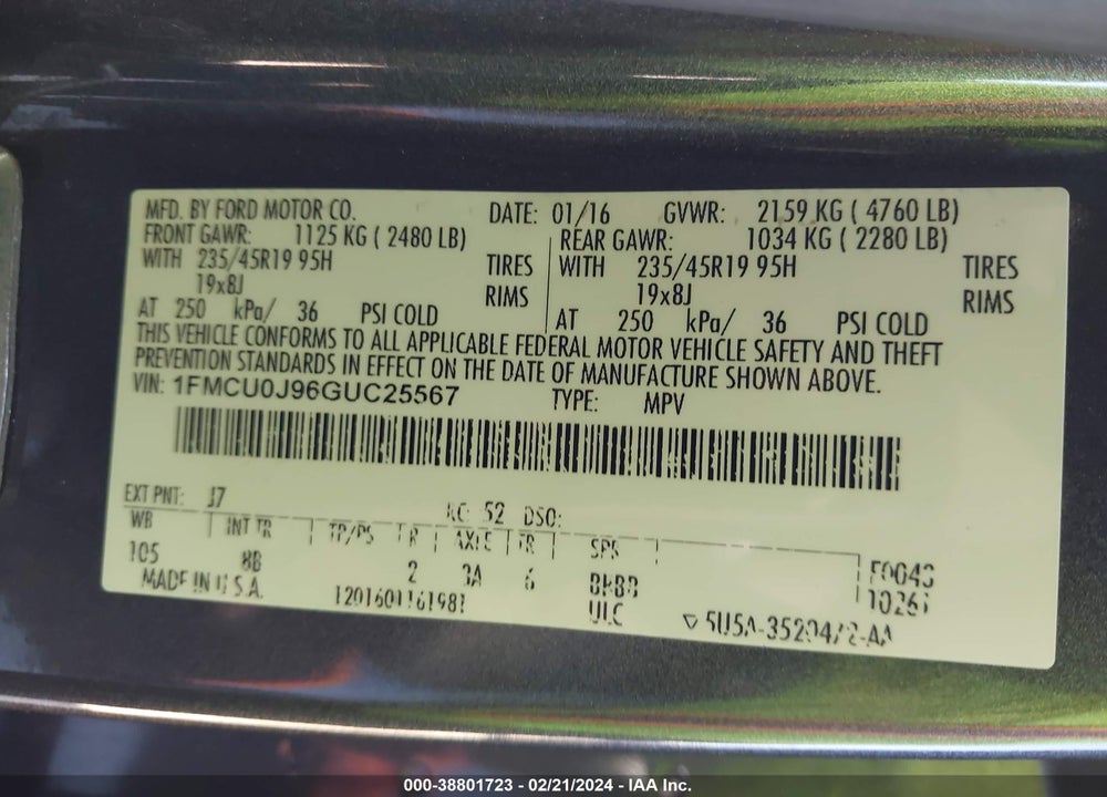 2016 FORD ESCAPE TITANIUM VIN: 1FMCU0J96GUC25567