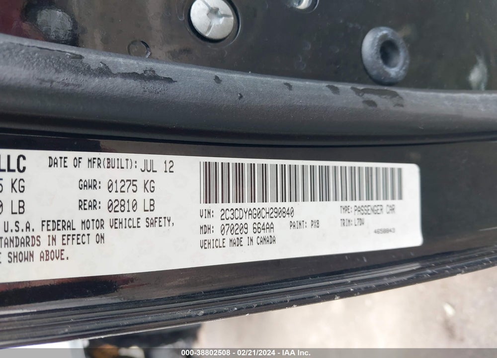 2012 DODGE CHALLENGER SXT VIN: 2C3CDYAG0CH290840