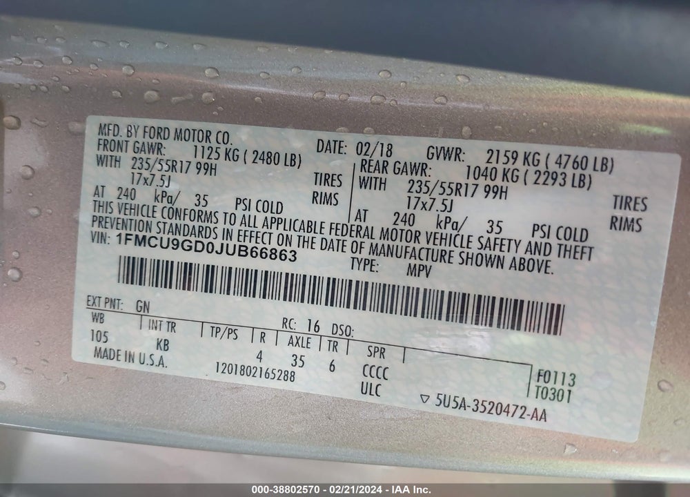 2018 FORD ESCAPE SE VIN: 1FMCU9GD0JUB66863
