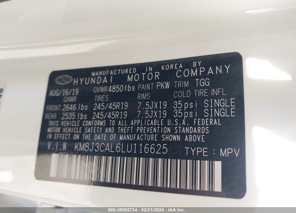 2020 HYUNDAI TUCSON SPORT VIN: KM8J3CAL6LU116625