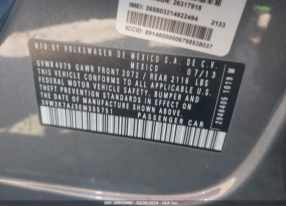 2014 VOLKSWAGEN JETTA 2.0L S VIN: 3VW2K7AJ3EM355751