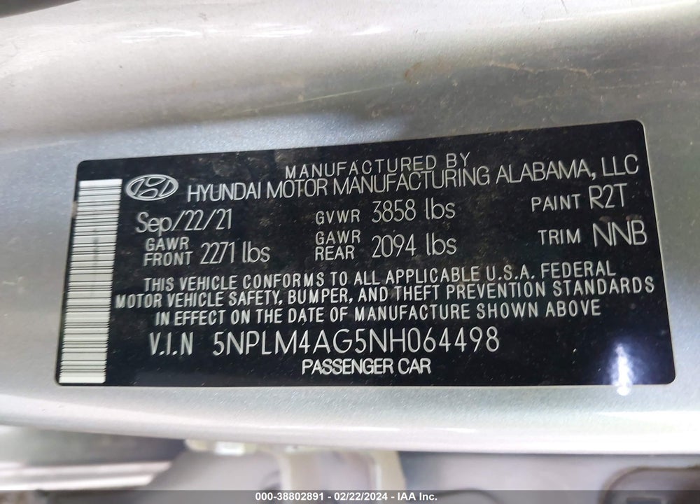 2022 HYUNDAI ELANTRA SEL VIN: 5NPLM4AG5NH064498