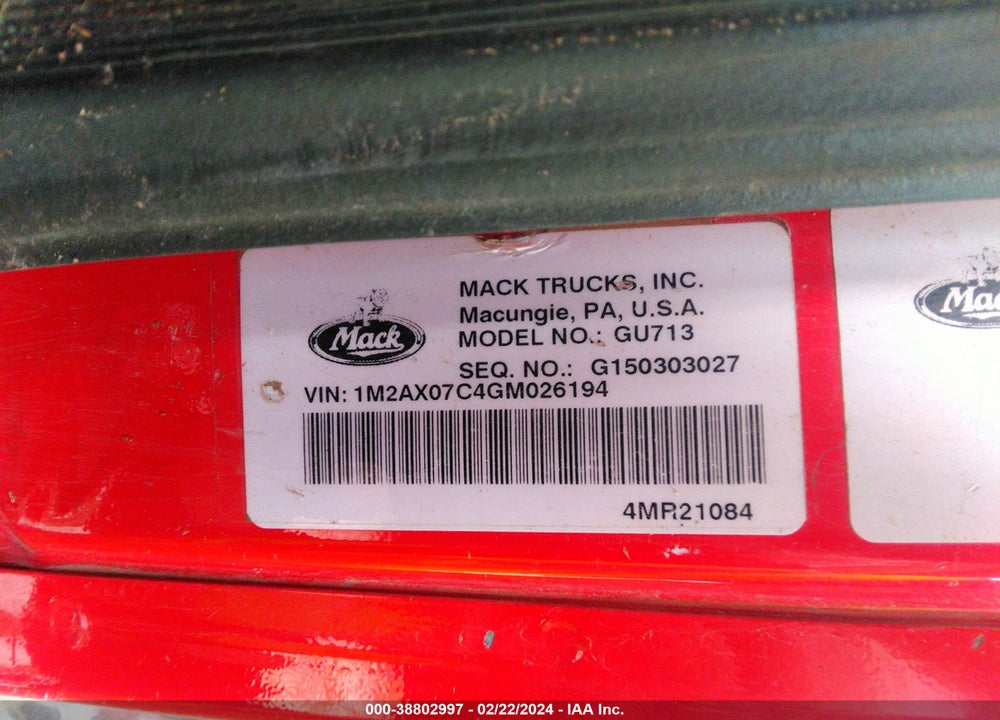 2016 MACK 700 GU700 VIN: 1M2AX07C4GM026194