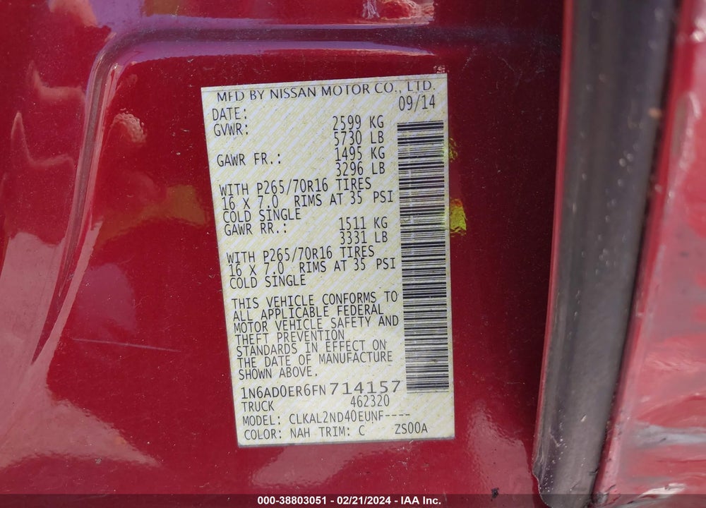 2015 NISSAN FRONTIER SV VIN: 1N6AD0ER6FN714157