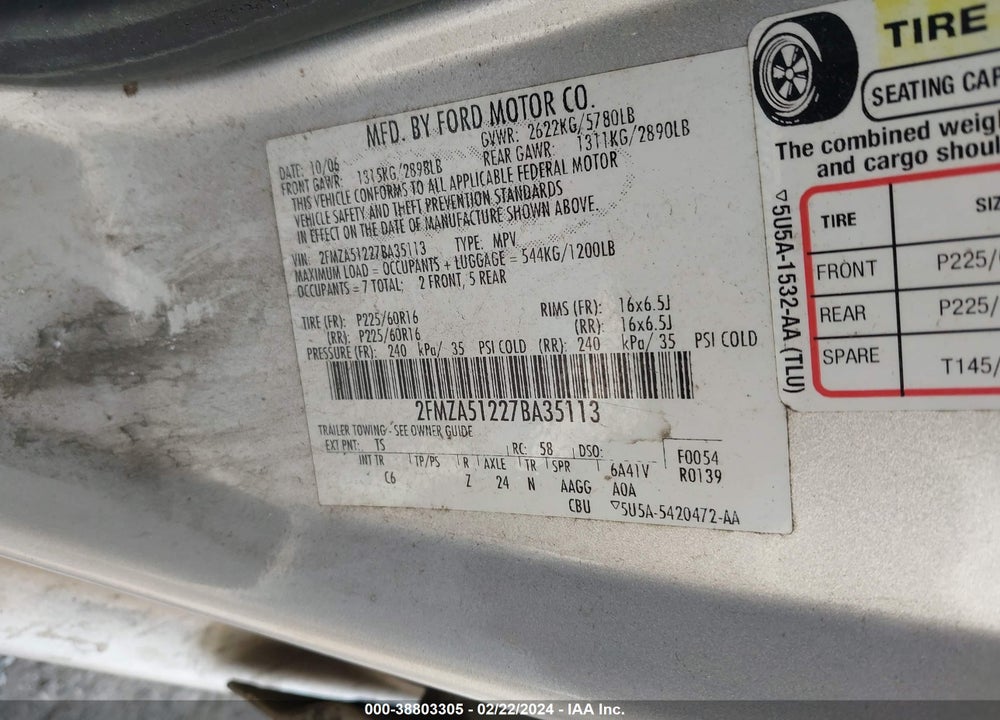 2007 FORD FREESTAR SE VIN: 2FMZA51227BA35113