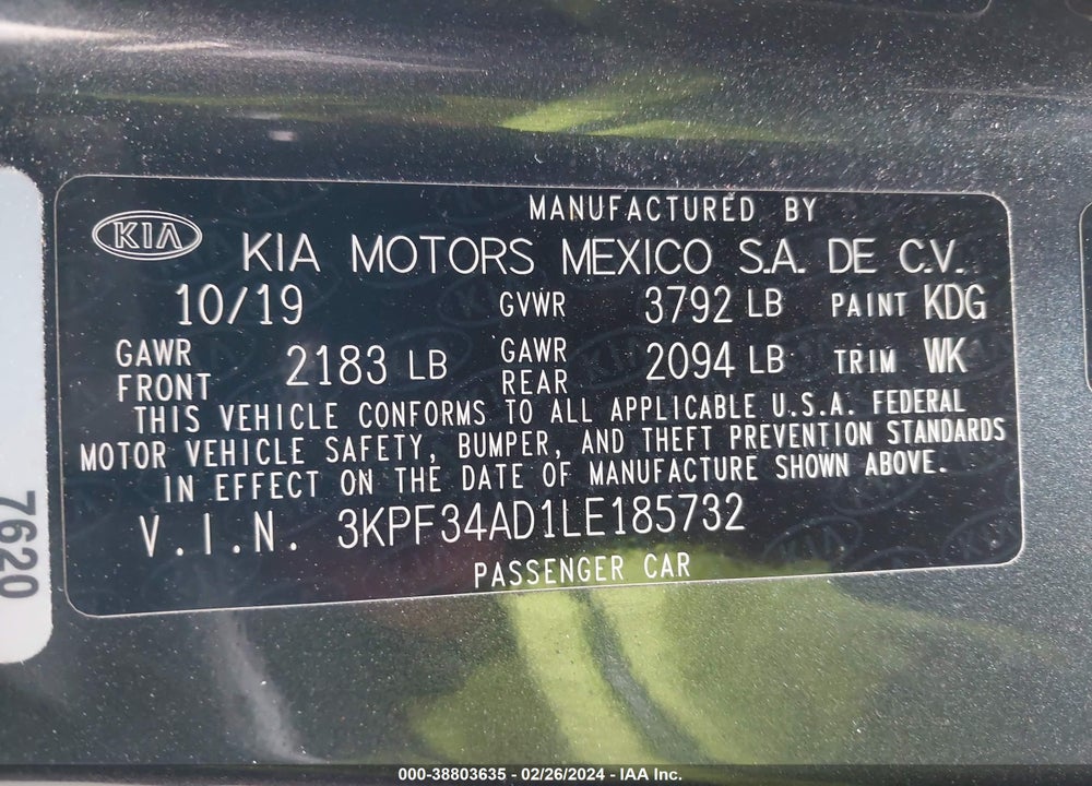 2020 KIA FORTE GT LINE VIN: 3KPF34AD1LE185732