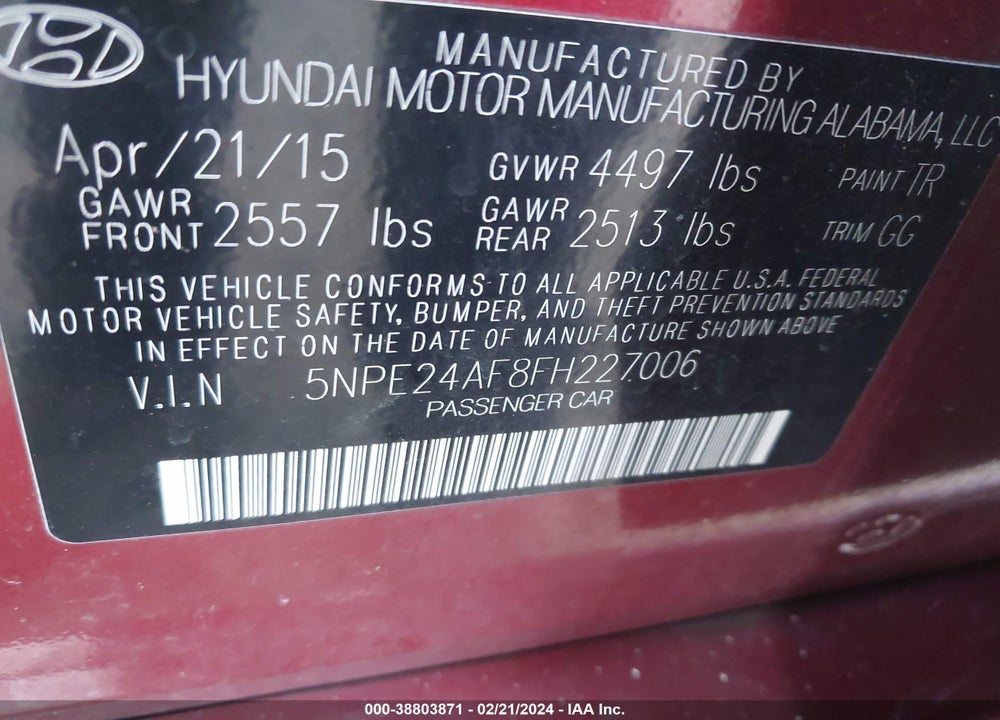 2015 HYUNDAI SONATA SE VIN: 5NPE24AF8FH227006