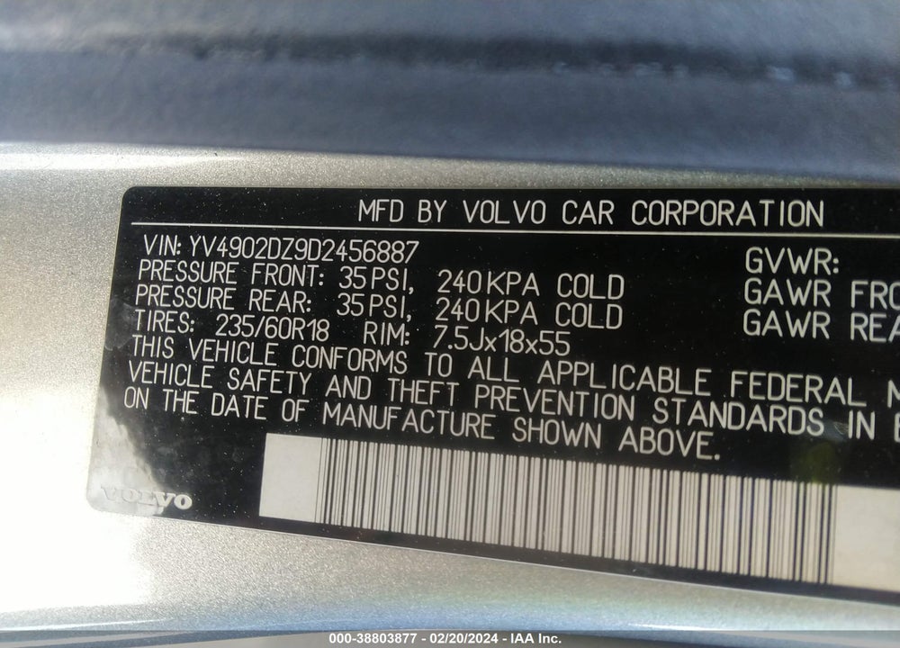2013 VOLVO XC60 VIN: YV4902DZ9D2456887
