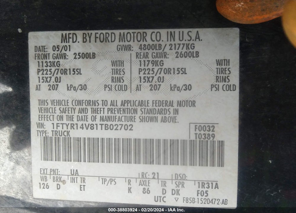 2001 FORD RANGER VIN: 1FTYR14V81TB02702