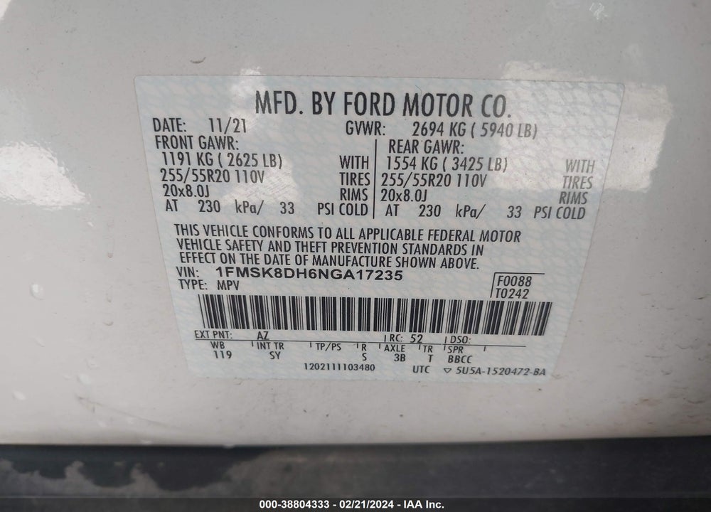 2022 FORD EXPLORER XLT VIN: 1FMSK8DH6NGA17235