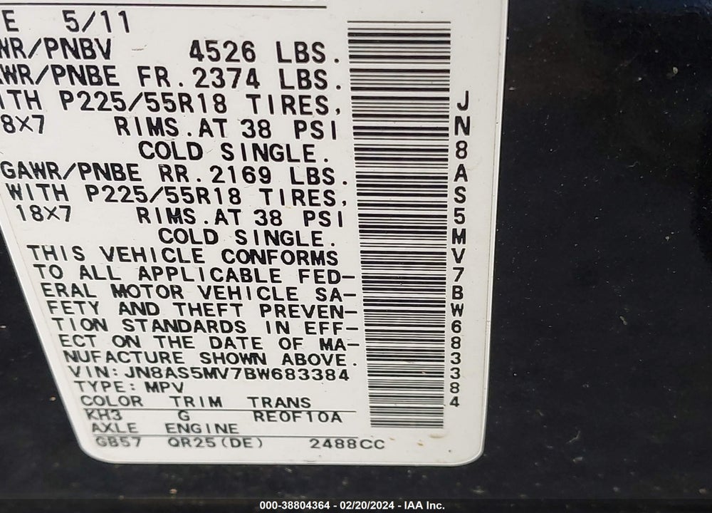 2011 NISSAN ROGUE SV VIN: JN8AS5MV7BW683384
