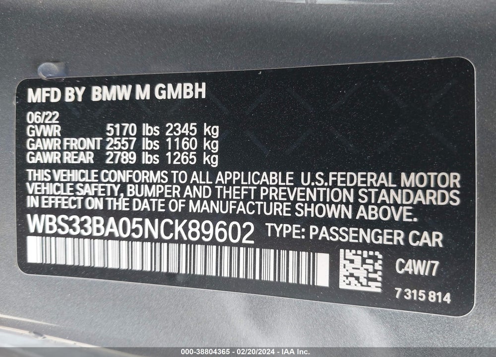 2022 BMW M4 COMPETITION XDRIVE VIN: WBS33BA05NCK89602