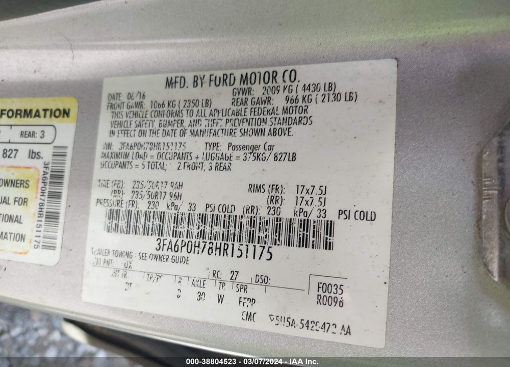 2017 FORD FUSION SE VIN: 3FA6P0H78HR151175