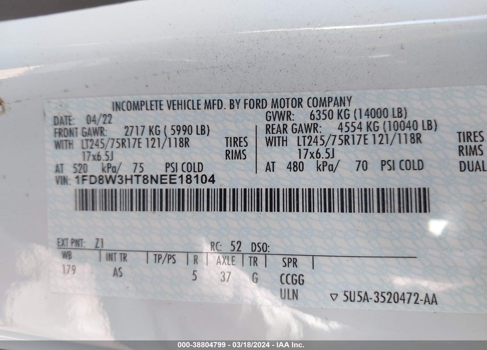 2022 FORD F-350 CHASSIS XL VIN: 1FD8W3HT8NEE18104