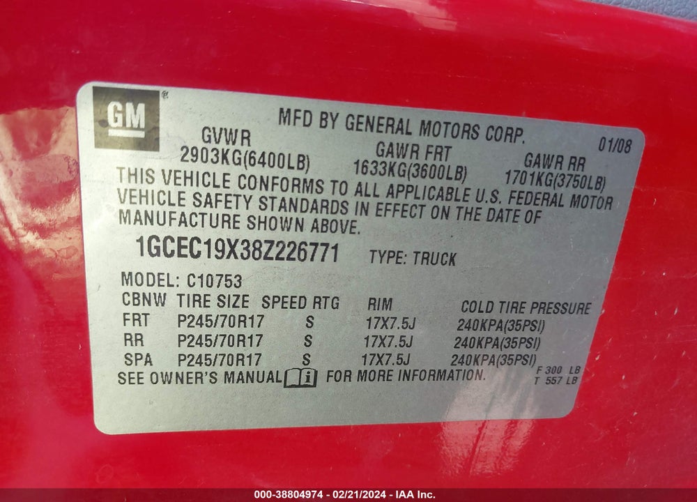 2008 CHEVROLET SILVERADO 1500 WORK TRUCK VIN: 1GCEC19X38Z226771