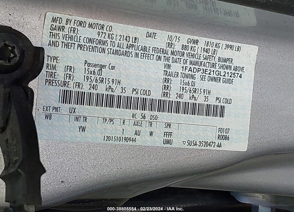 2016 FORD FOCUS S VIN: 1FADP3E21GL212574