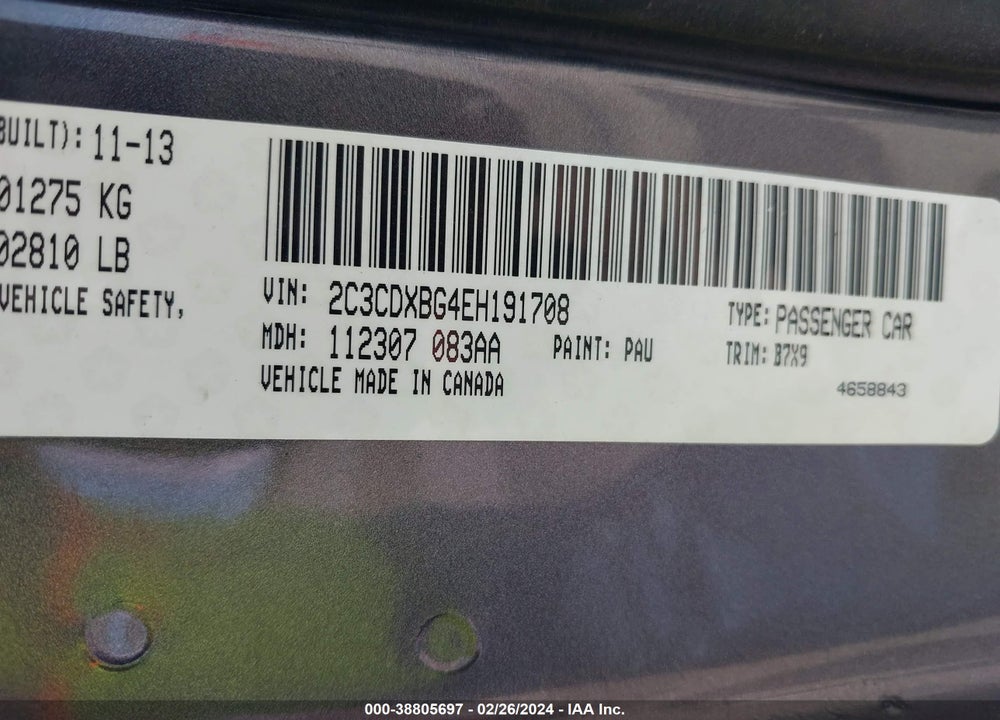2014 DODGE CHARGER VIN: 2C3CDXBG4EH191708