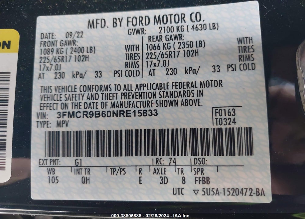 2022 FORD BRONCO SPORT BIG BEND VIN: 3FMCR9B60NRE15833