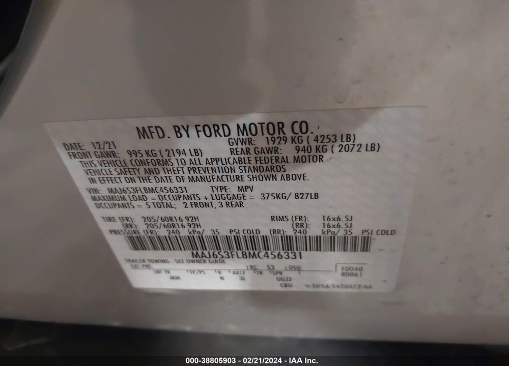 2021 FORD ECOSPORT S VIN: MAJ6S3FL8MC456331