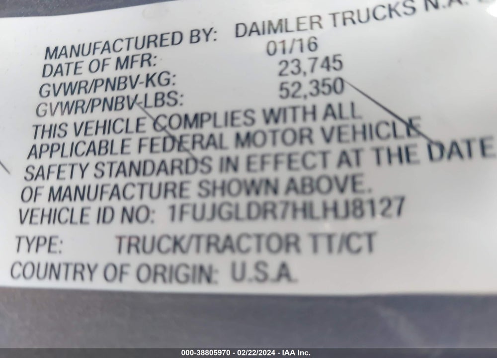 2017 FREIGHTLINER CASCADIA 125 VIN: 1FUJGLDR7HLHJ8127
