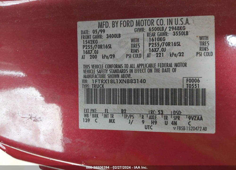 1999 FORD F-150 LARIAT/XL/XLT VIN: 1FTRX18L1XNB83140