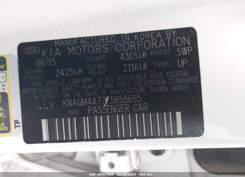 2015 KIA OPTIMA LX VIN: KNAGM4A77F5658655