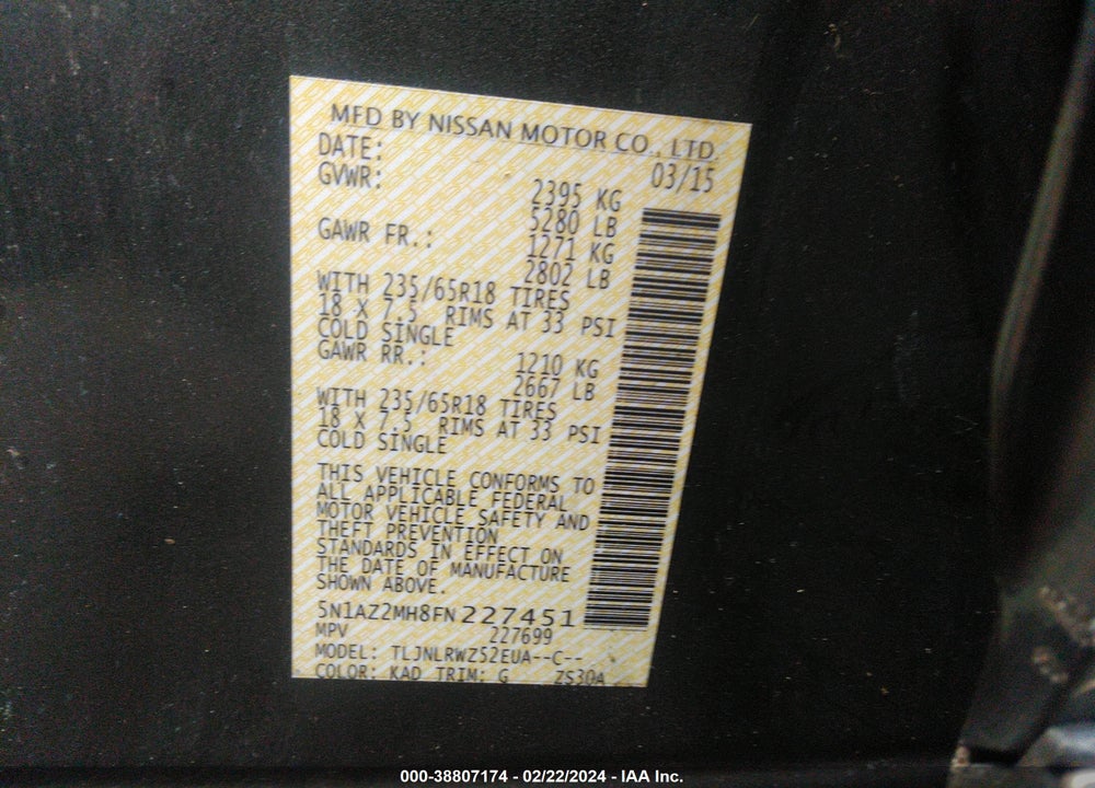 2015 NISSAN MURANO SL VIN: 5N1AZ2MH8FN227451