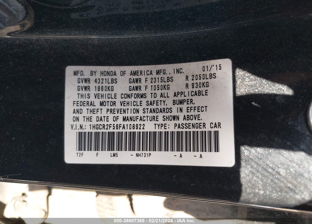 2015 HONDA ACCORD SPORT VIN: 1HGCR2F56FA108922