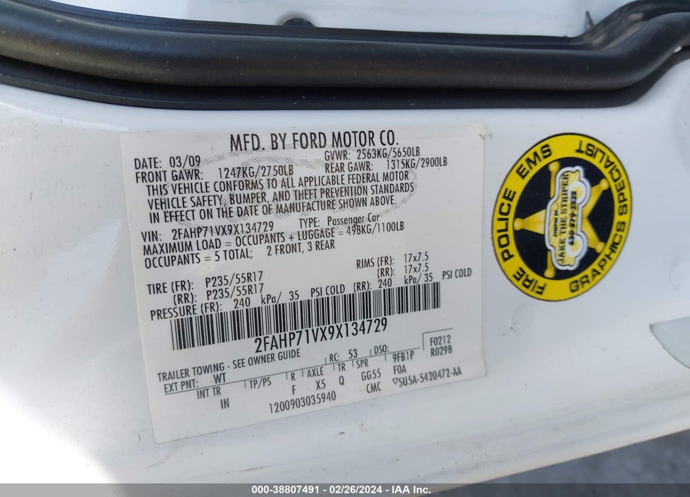 2009 FORD CROWN VICTORIA VIN: 2FAHP71VX9X134729