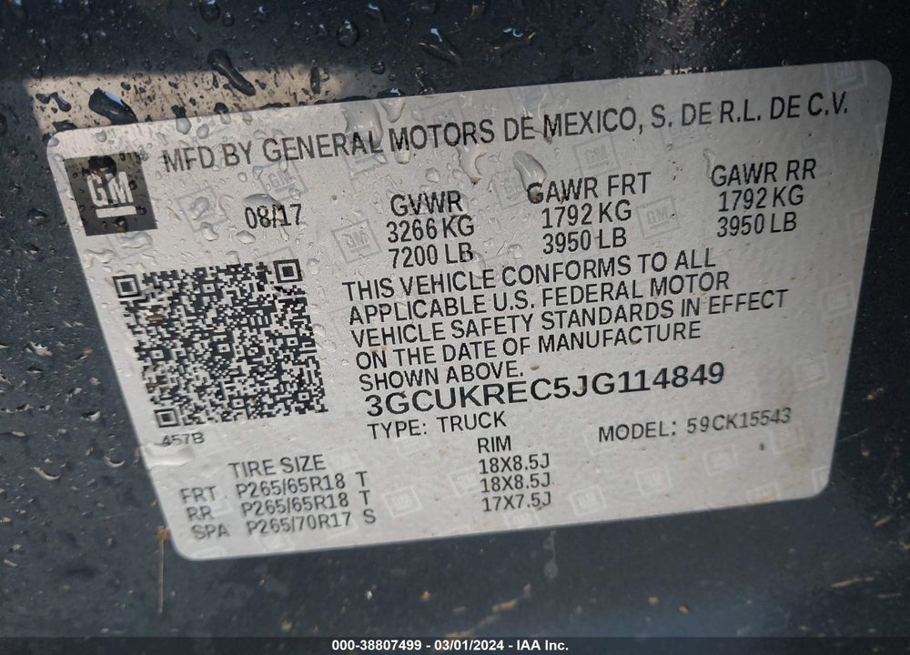 2018 CHEVROLET SILVERADO 1500 2LT VIN: 3GCUKREC5JG114849