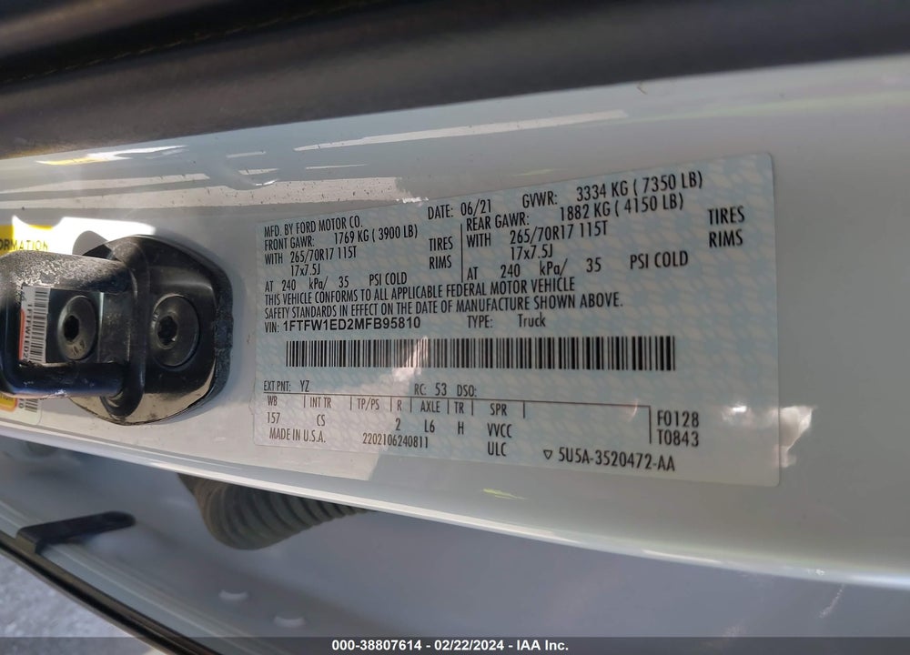 2021 FORD F-150 XL VIN: 1FTFW1ED2MFB95810