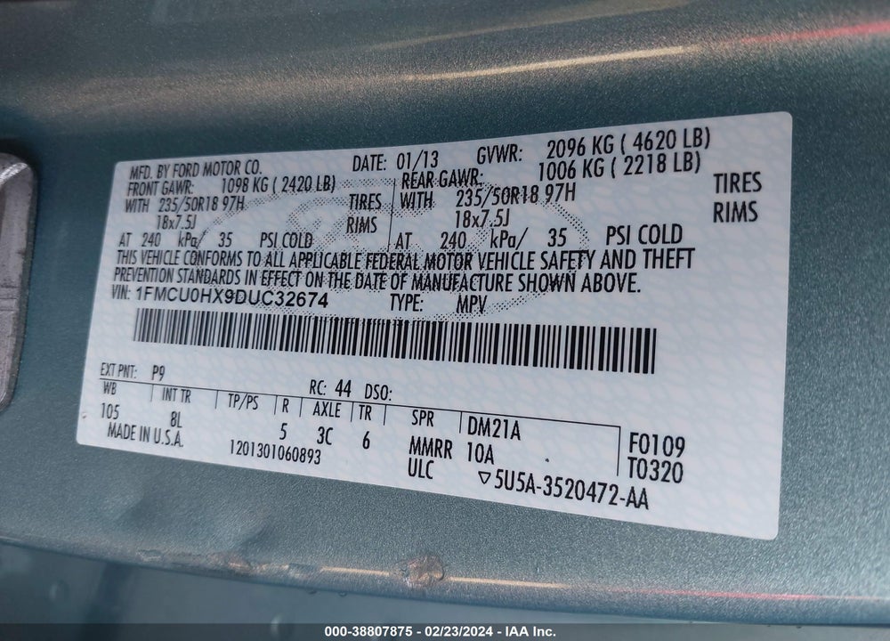 2013 FORD ESCAPE SEL VIN: 1FMCU0HX9DUC32674