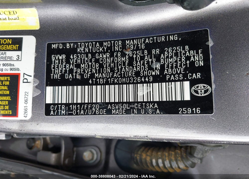 2017 TOYOTA CAMRY SE VIN: 4T1BF1FK0HU326449