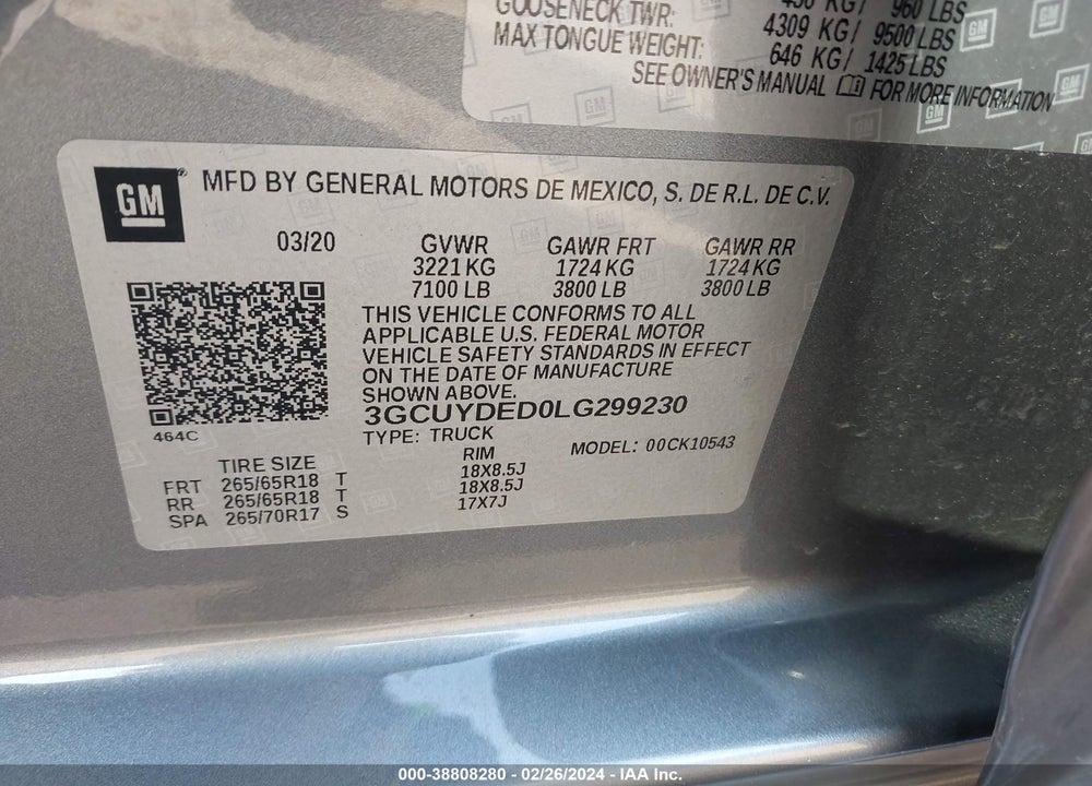 2020 CHEVROLET SILVERADO 1500 4WD SHORT BED LT VIN: 3GCUYDED0LG299230