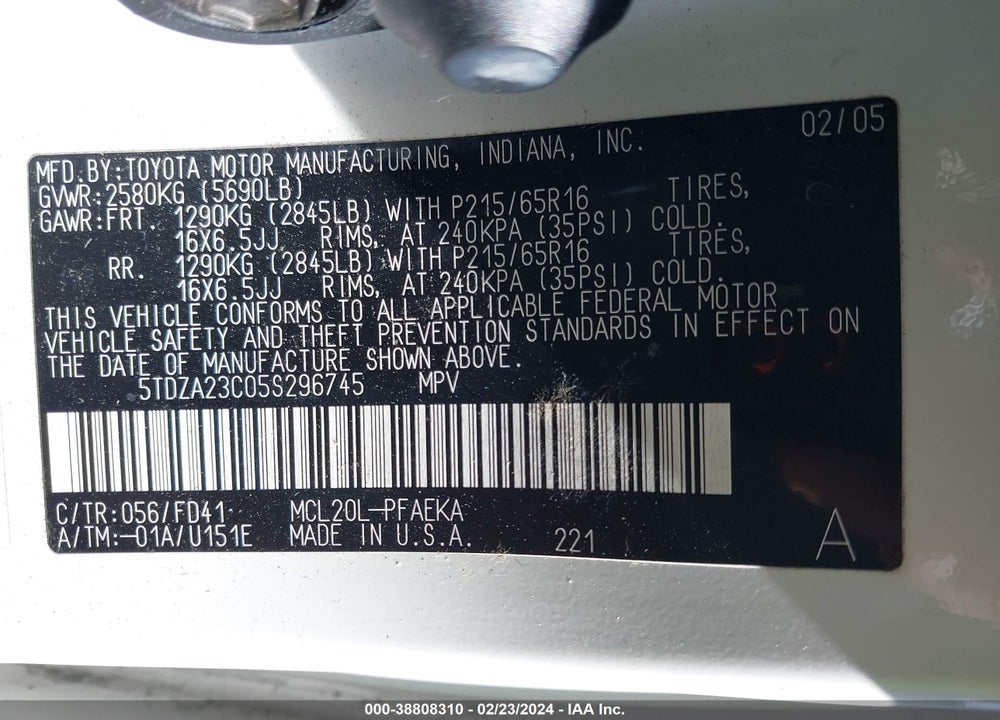 2005 TOYOTA SIENNA CE VIN: 5TDZA23C05S296745