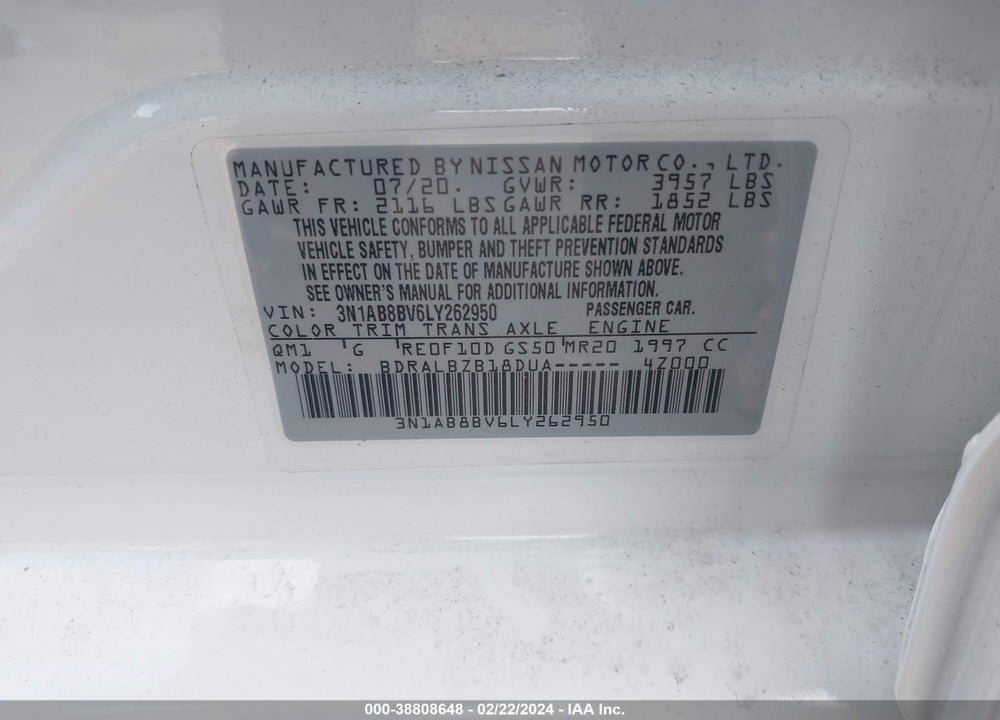 2020 NISSAN SENTRA VIN: 3N1AB8BV6LY262950