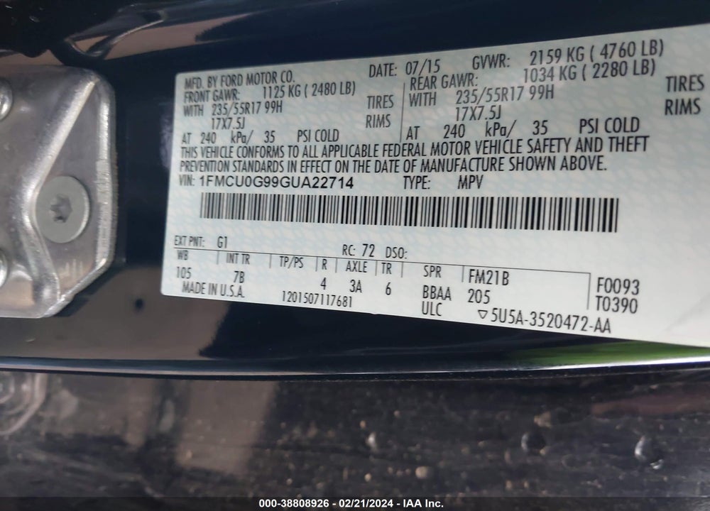 2016 FORD ESCAPE SE VIN: 1FMCU0G99GUA22714