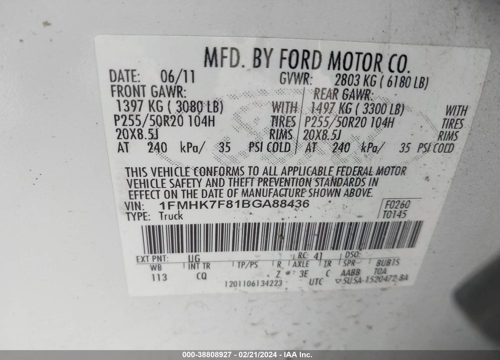 2011 FORD EXPLORER LIMITED VIN: 1FMHK7F81BGA88436