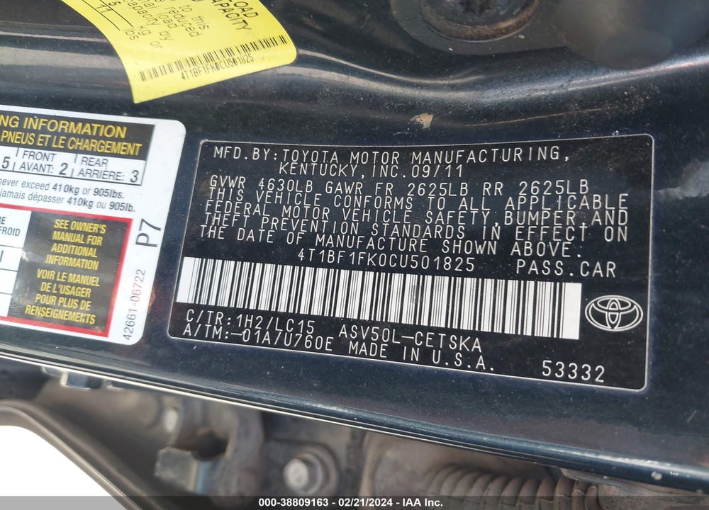 2012 TOYOTA CAMRY SE VIN: 4T1BF1FK0CU501825