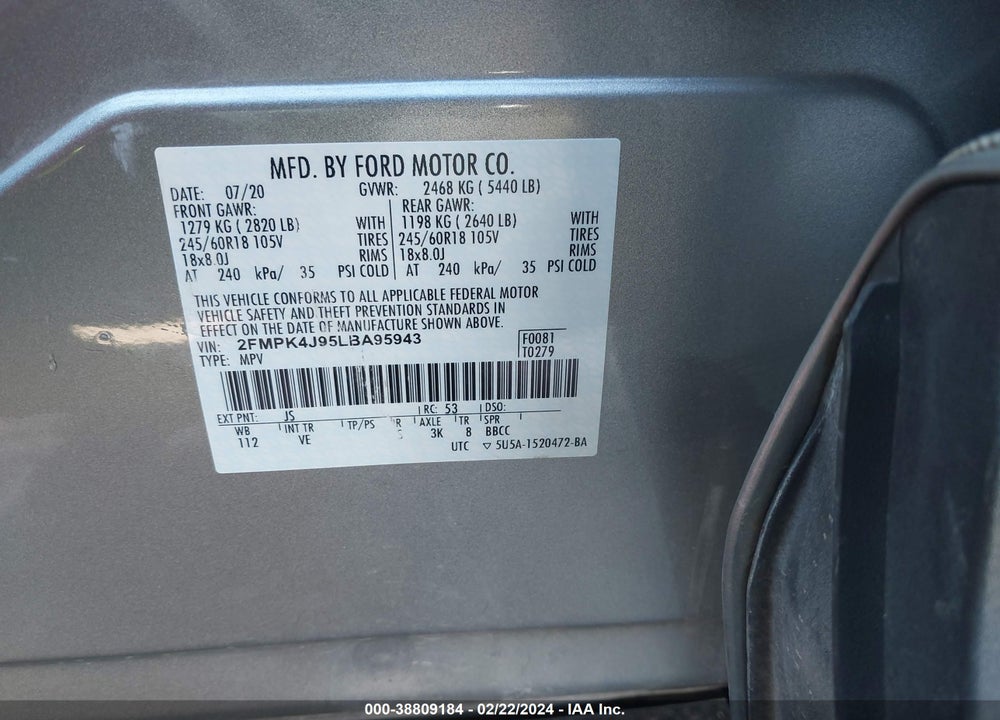 2020 FORD EDGE SEL VIN: 2FMPK4J95LBA95943
