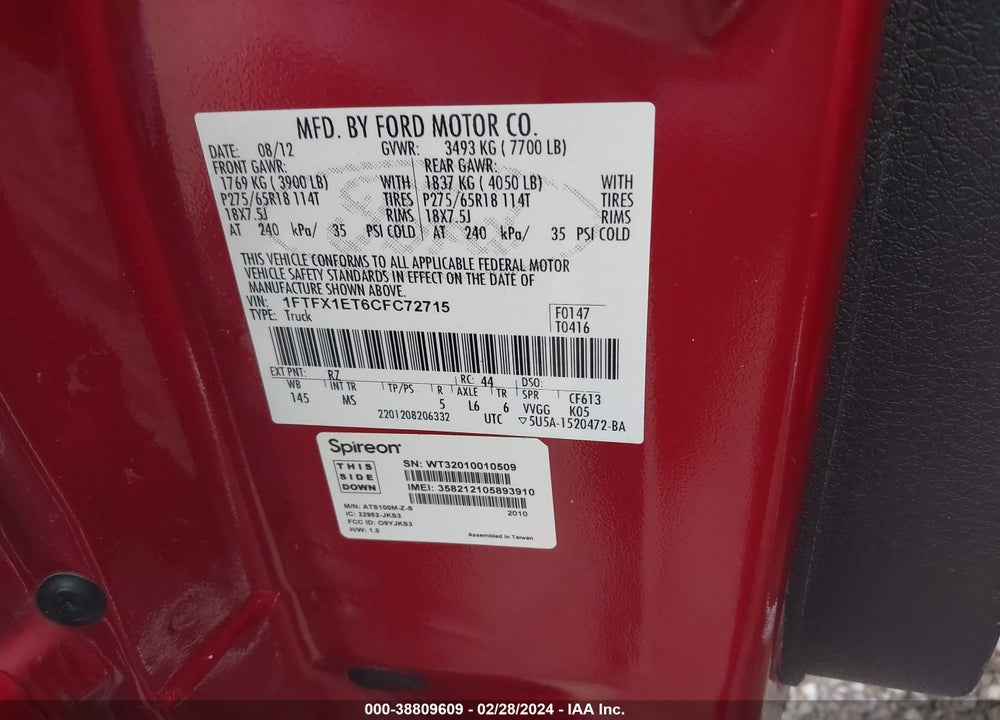2012 FORD F-150 XLT VIN: 1FTFX1ET6CFC72715