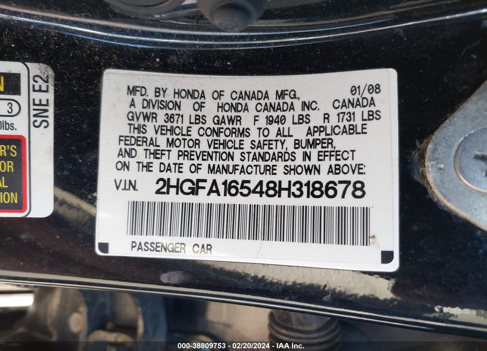 2008 HONDA CIVIC LX VIN: 2HGFA16548H318678