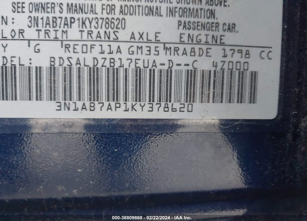 2019 NISSAN SENTRA SV VIN: 3N1AB7AP1KY378620