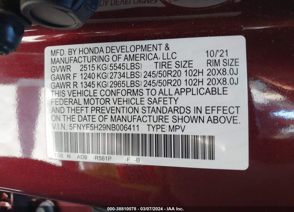 2022 HONDA PILOT 2WD SPECIAL EDITION VIN: 5FNYF5H29NB006411
